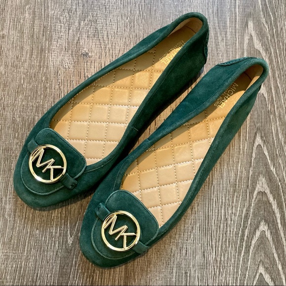 Women’s Suede Flat Shoes Size Michael Kors NWOB Gold Tone Logo Green